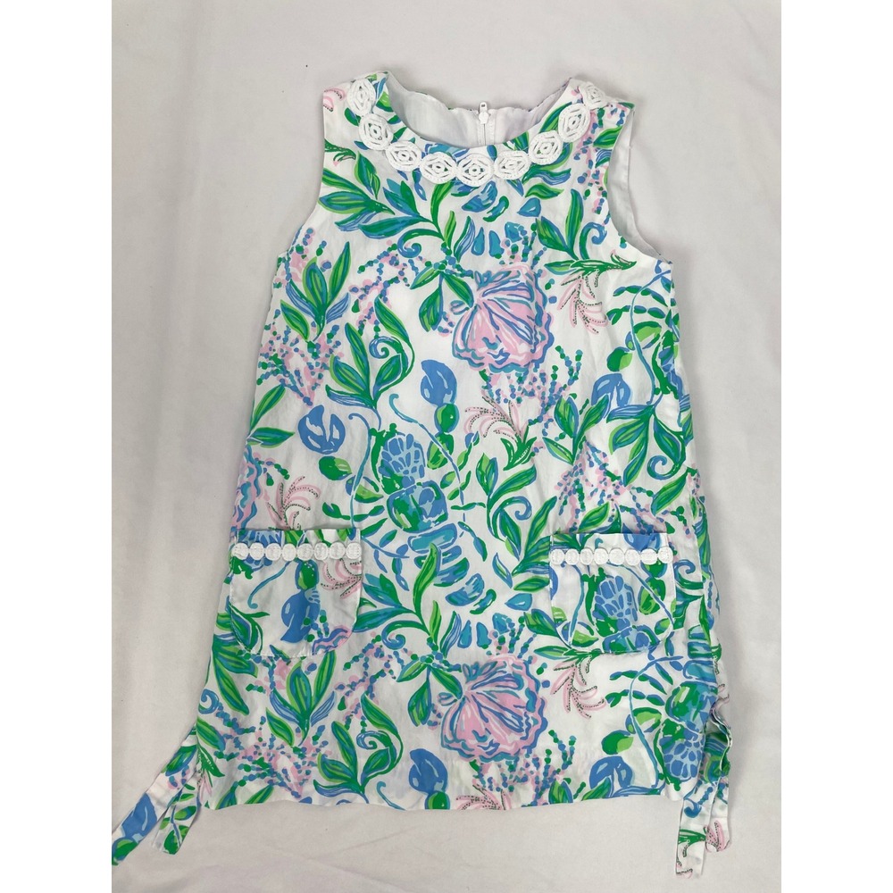 Lilly Pulitzer Dress Girl Size 5 White Green Blue Just a Pinch Lobster Shift